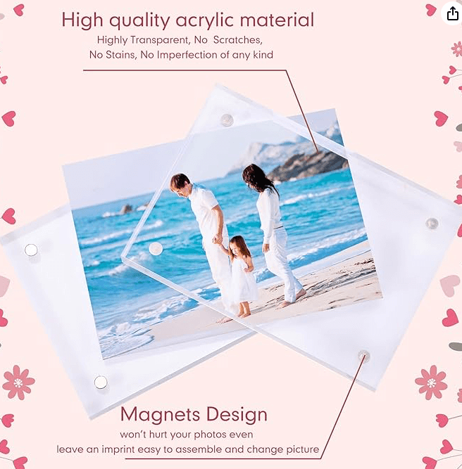Magnetic Fridge Frames-Transparent Magnetic Acrylic Picture Frame Clear Frameless Memos for office and Refrigerator 3x4 inches each